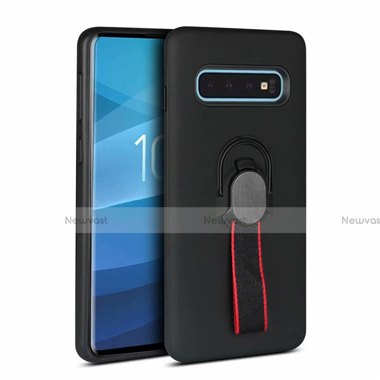 Silicone Matte Finish and Plastic Back Cover Case with Magnetic Finger Ring Stand R03 for Samsung Galaxy S10 Black