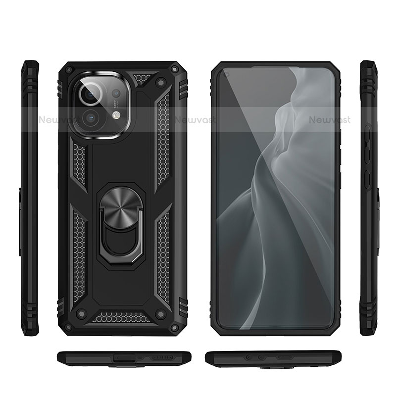 Silicone Matte Finish and Plastic Back Cover Case with Magnetic Finger Ring Stand R03 for Xiaomi Mi 11 Lite 5G NE Black