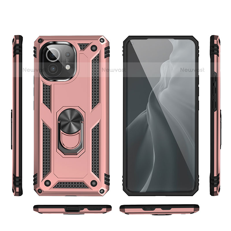 Silicone Matte Finish and Plastic Back Cover Case with Magnetic Finger Ring Stand R03 for Xiaomi Mi 11 Lite 5G NE Rose Gold