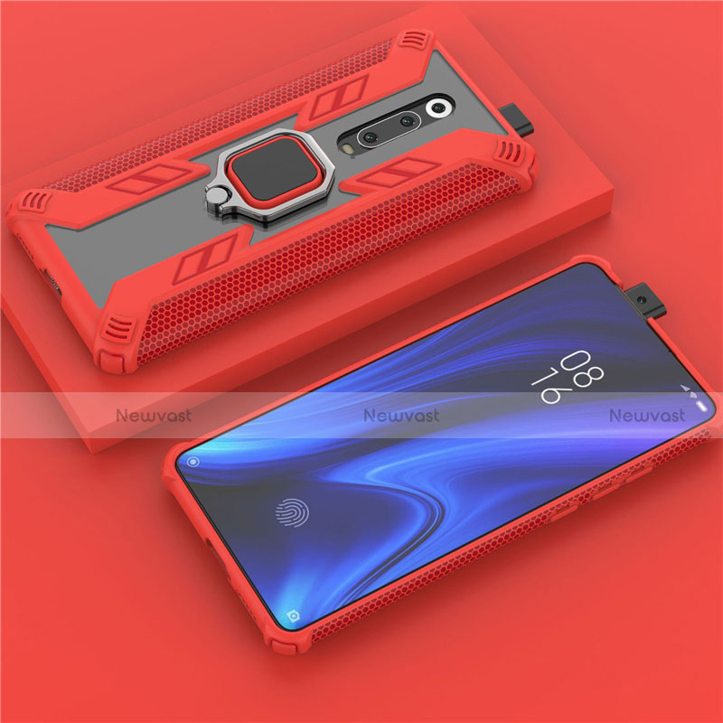 Silicone Matte Finish and Plastic Back Cover Case with Magnetic Finger Ring Stand R03 for Xiaomi Mi 9T