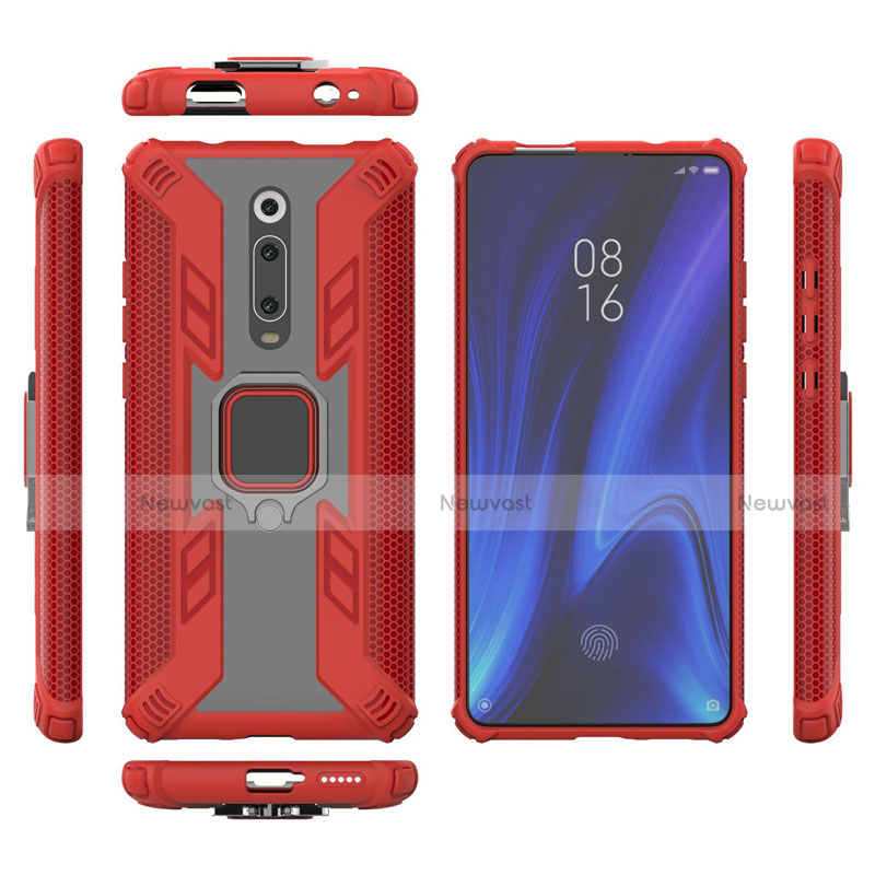 Silicone Matte Finish and Plastic Back Cover Case with Magnetic Finger Ring Stand R03 for Xiaomi Mi 9T