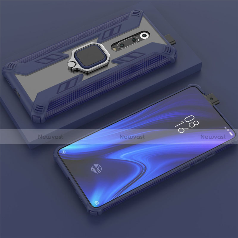 Silicone Matte Finish and Plastic Back Cover Case with Magnetic Finger Ring Stand R03 for Xiaomi Mi 9T Pro