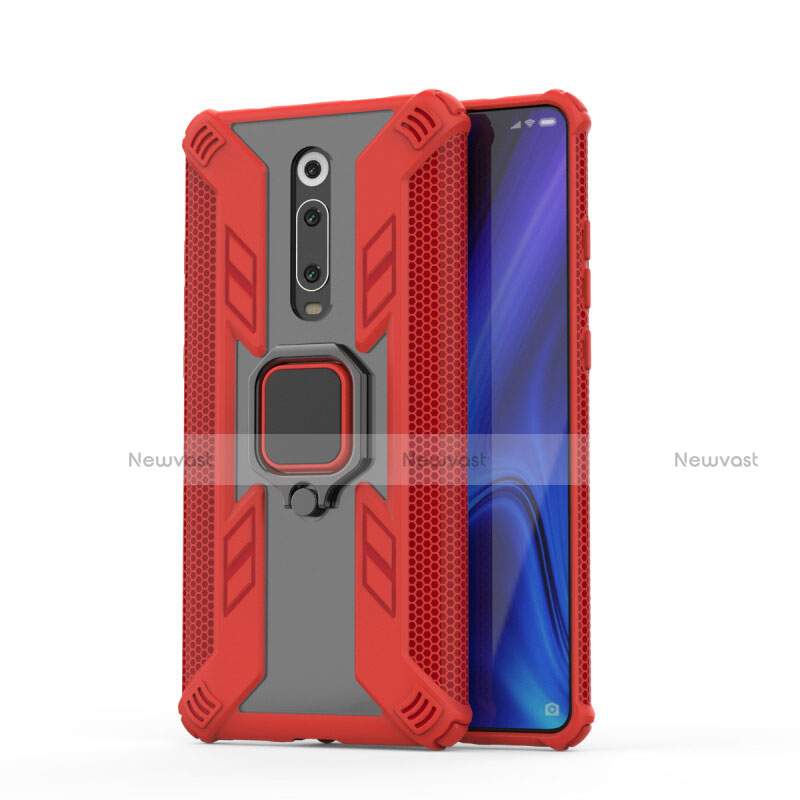 Silicone Matte Finish and Plastic Back Cover Case with Magnetic Finger Ring Stand R03 for Xiaomi Mi 9T Pro Red