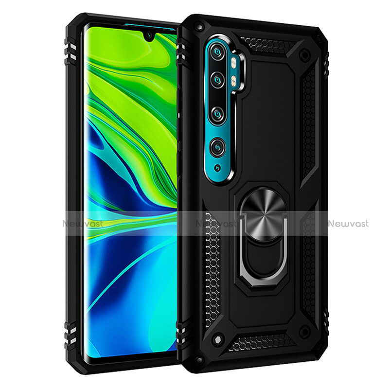 Silicone Matte Finish and Plastic Back Cover Case with Magnetic Finger Ring Stand R03 for Xiaomi Mi Note 10