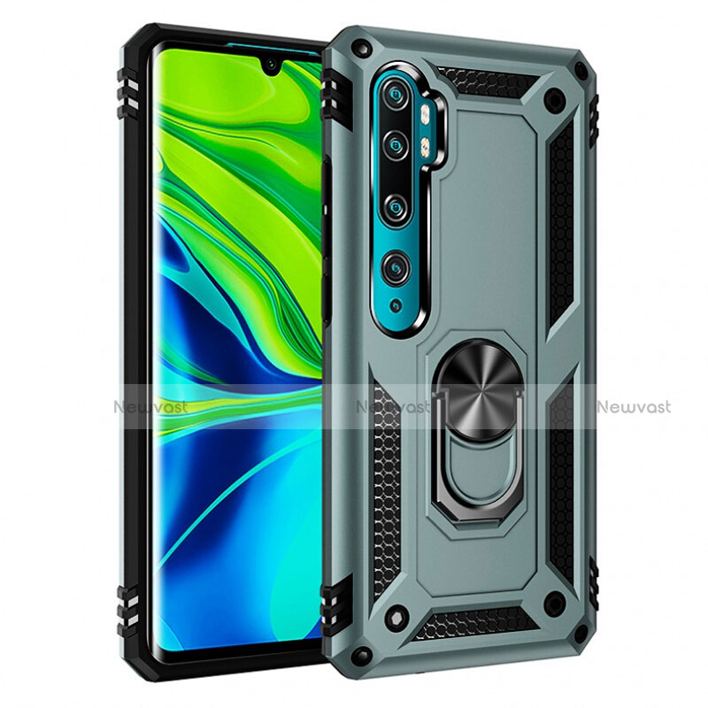 Silicone Matte Finish and Plastic Back Cover Case with Magnetic Finger Ring Stand R03 for Xiaomi Mi Note 10