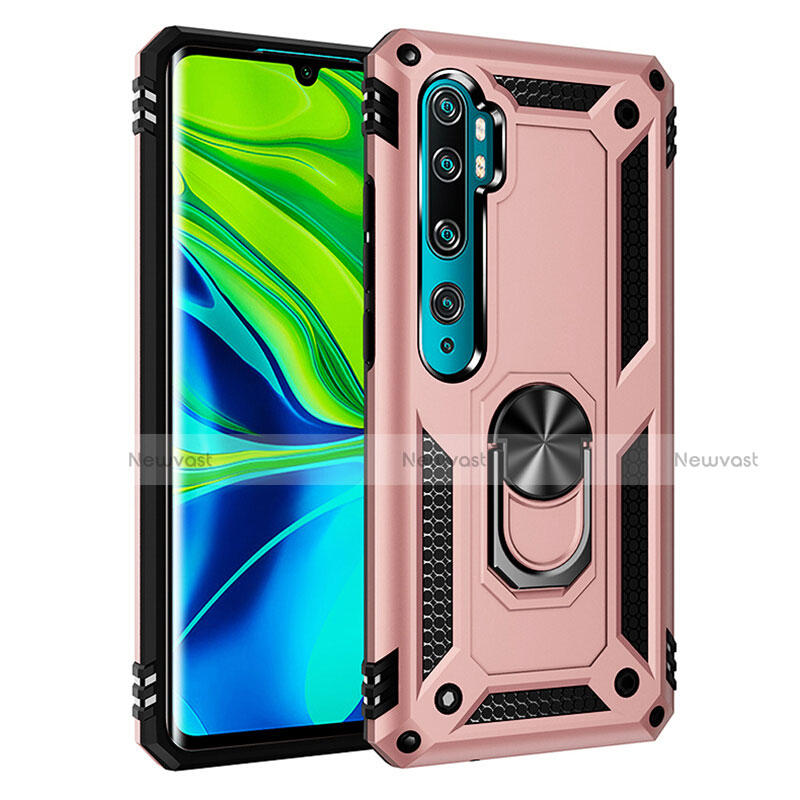 Silicone Matte Finish and Plastic Back Cover Case with Magnetic Finger Ring Stand R03 for Xiaomi Mi Note 10 Pro Rose Gold