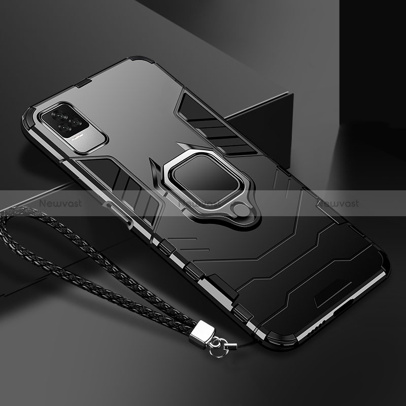 Silicone Matte Finish and Plastic Back Cover Case with Magnetic Finger Ring Stand R03 for Xiaomi Poco F4 5G Black