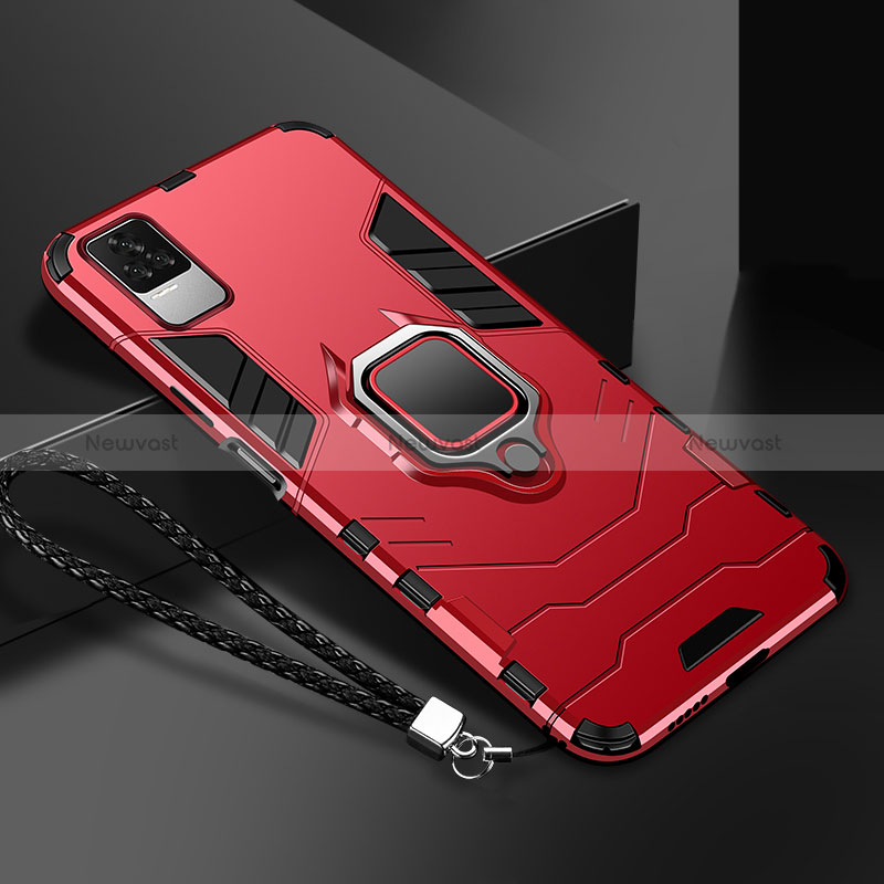 Silicone Matte Finish and Plastic Back Cover Case with Magnetic Finger Ring Stand R03 for Xiaomi Poco F4 5G Red