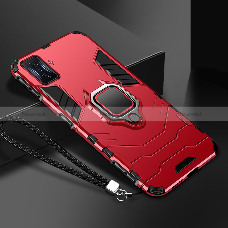 Silicone Matte Finish and Plastic Back Cover Case with Magnetic Finger Ring Stand R03 for Xiaomi Poco F4 GT 5G Red