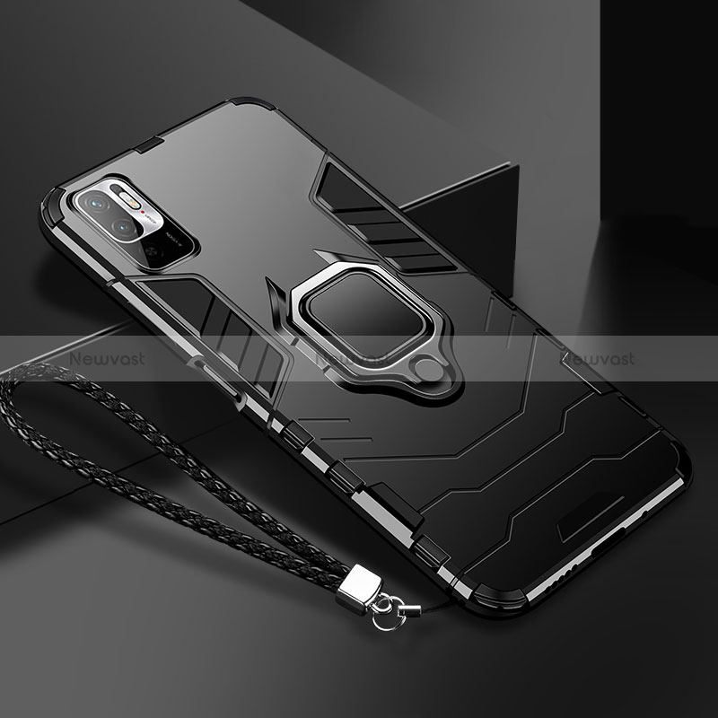 Silicone Matte Finish and Plastic Back Cover Case with Magnetic Finger Ring Stand R03 for Xiaomi POCO M3 Pro 5G