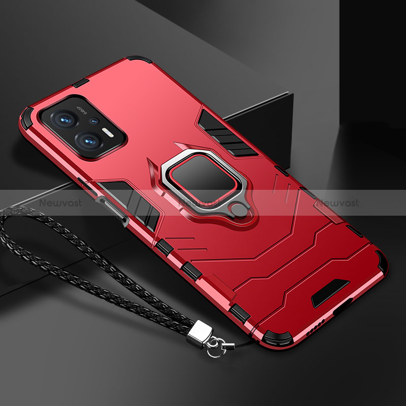 Silicone Matte Finish and Plastic Back Cover Case with Magnetic Finger Ring Stand R03 for Xiaomi Redmi K50i 5G