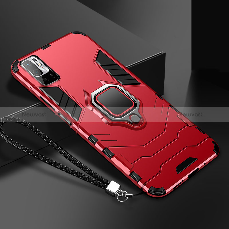 Silicone Matte Finish and Plastic Back Cover Case with Magnetic Finger Ring Stand R03 for Xiaomi Redmi Note 10 5G Red