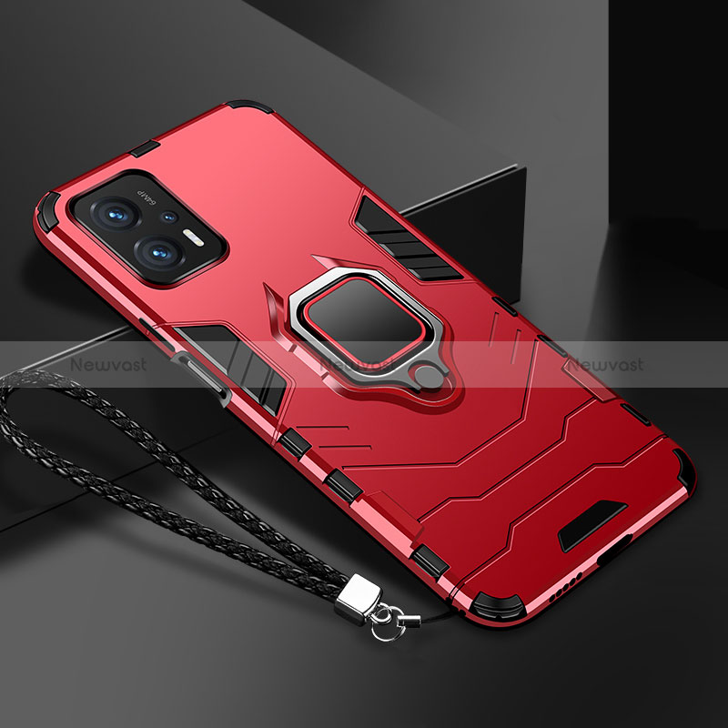 Silicone Matte Finish and Plastic Back Cover Case with Magnetic Finger Ring Stand R03 for Xiaomi Redmi Note 11T Pro 5G