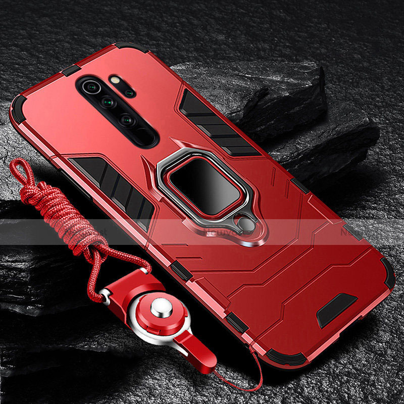 Silicone Matte Finish and Plastic Back Cover Case with Magnetic Finger Ring Stand R03 for Xiaomi Redmi Note 8 Pro Red