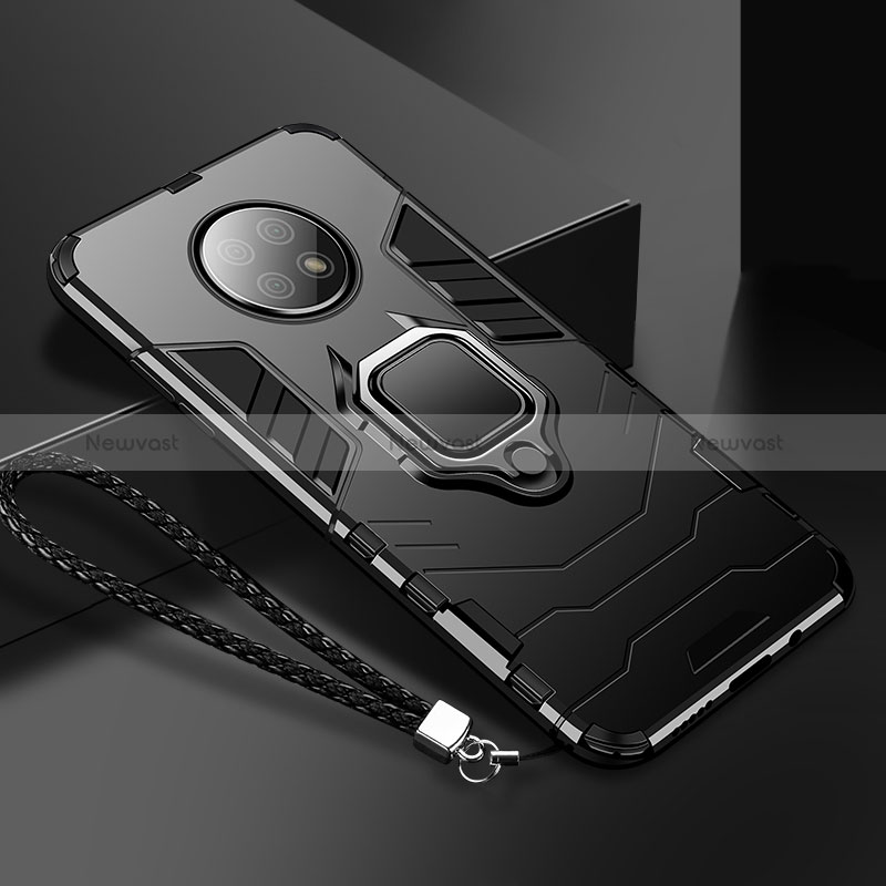 Silicone Matte Finish and Plastic Back Cover Case with Magnetic Finger Ring Stand R03 for Xiaomi Redmi Note 9 5G Black