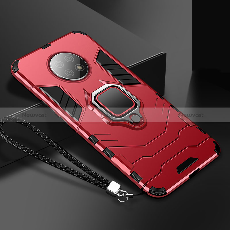 Silicone Matte Finish and Plastic Back Cover Case with Magnetic Finger Ring Stand R03 for Xiaomi Redmi Note 9 5G Red