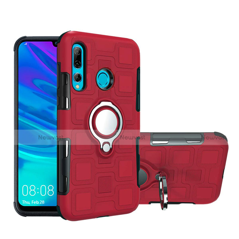 Silicone Matte Finish and Plastic Back Cover Case with Magnetic Finger Ring Stand R04 for Huawei Honor 20 Lite Red