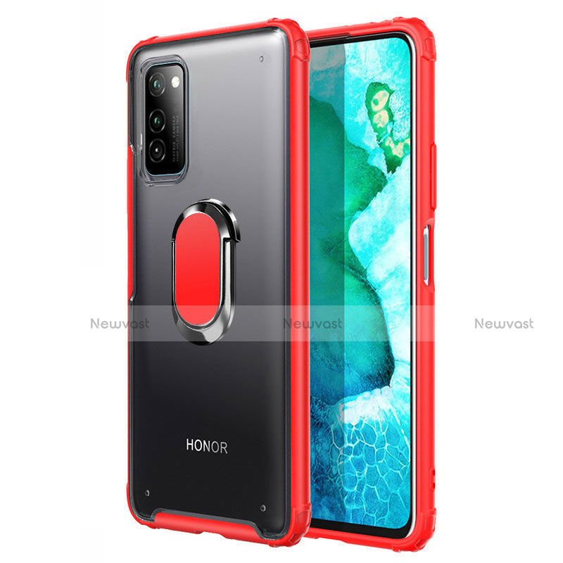 Silicone Matte Finish and Plastic Back Cover Case with Magnetic Finger Ring Stand R04 for Huawei Honor V30 5G Red