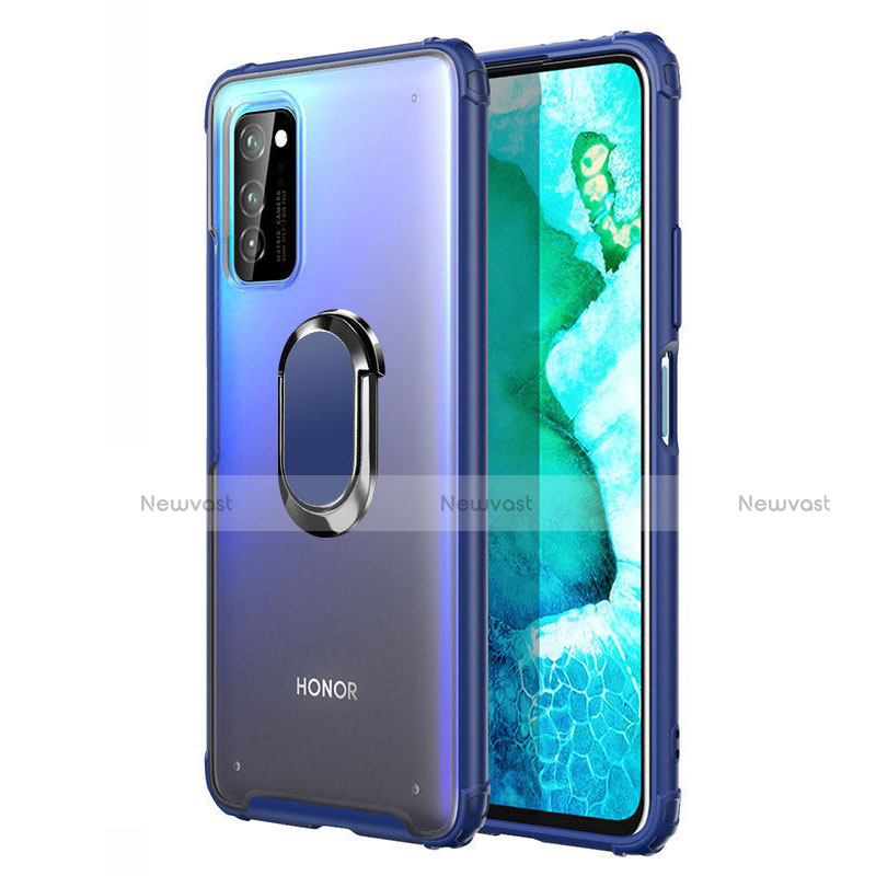 Silicone Matte Finish and Plastic Back Cover Case with Magnetic Finger Ring Stand R04 for Huawei Honor V30 Pro 5G Blue
