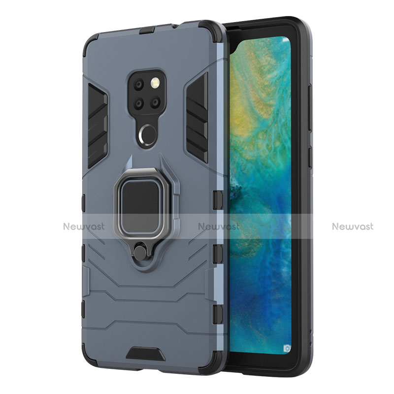 Silicone Matte Finish and Plastic Back Cover Case with Magnetic Finger Ring Stand R04 for Huawei Mate 20 Blue