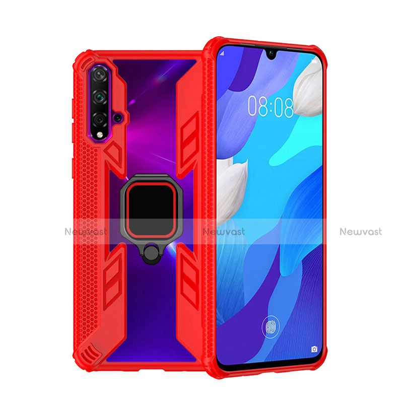 Silicone Matte Finish and Plastic Back Cover Case with Magnetic Finger Ring Stand R04 for Huawei Nova 5