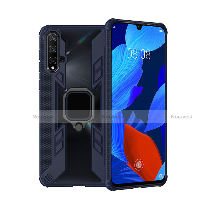 Silicone Matte Finish and Plastic Back Cover Case with Magnetic Finger Ring Stand R04 for Huawei Nova 5 Blue