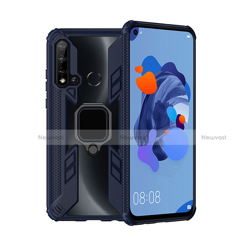 Silicone Matte Finish and Plastic Back Cover Case with Magnetic Finger Ring Stand R04 for Huawei Nova 5i Blue