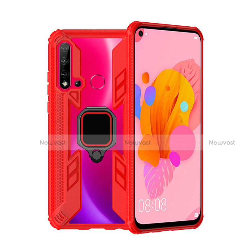 Silicone Matte Finish and Plastic Back Cover Case with Magnetic Finger Ring Stand R04 for Huawei Nova 5i Red