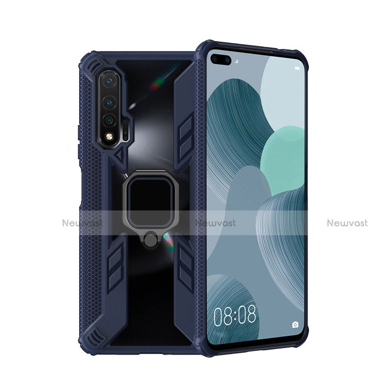 Silicone Matte Finish and Plastic Back Cover Case with Magnetic Finger Ring Stand R04 for Huawei Nova 6 5G Blue