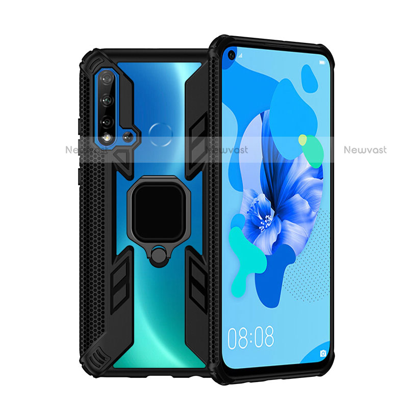 Silicone Matte Finish and Plastic Back Cover Case with Magnetic Finger Ring Stand R04 for Huawei P20 Lite (2019)