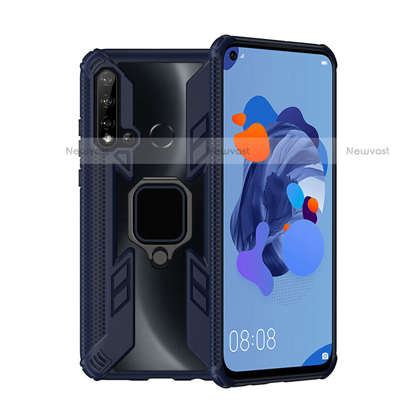 Silicone Matte Finish and Plastic Back Cover Case with Magnetic Finger Ring Stand R04 for Huawei P20 Lite (2019) Blue