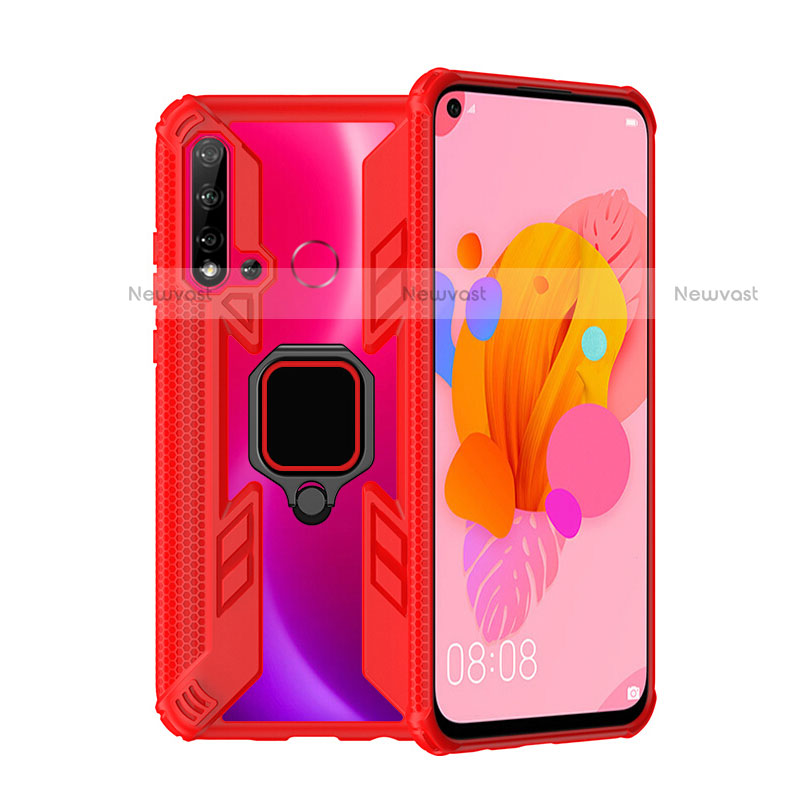 Silicone Matte Finish and Plastic Back Cover Case with Magnetic Finger Ring Stand R04 for Huawei P20 Lite (2019) Red