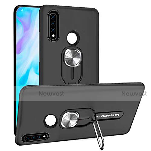 Silicone Matte Finish and Plastic Back Cover Case with Magnetic Finger Ring Stand R04 for Huawei P30 Lite