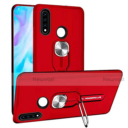 Silicone Matte Finish and Plastic Back Cover Case with Magnetic Finger Ring Stand R04 for Huawei P30 Lite New Edition Red