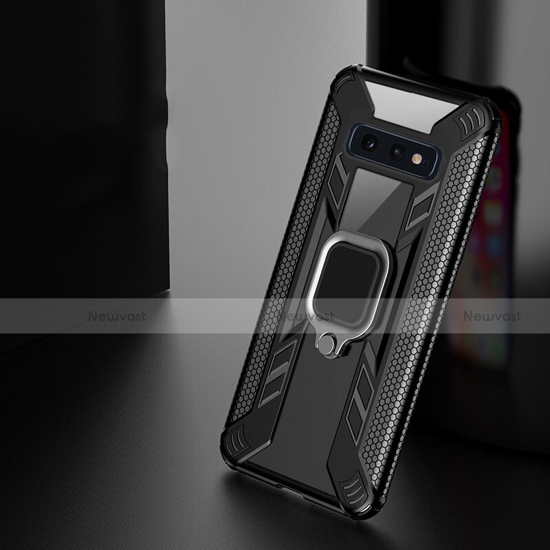 Silicone Matte Finish and Plastic Back Cover Case with Magnetic Finger Ring Stand R04 for Samsung Galaxy S10