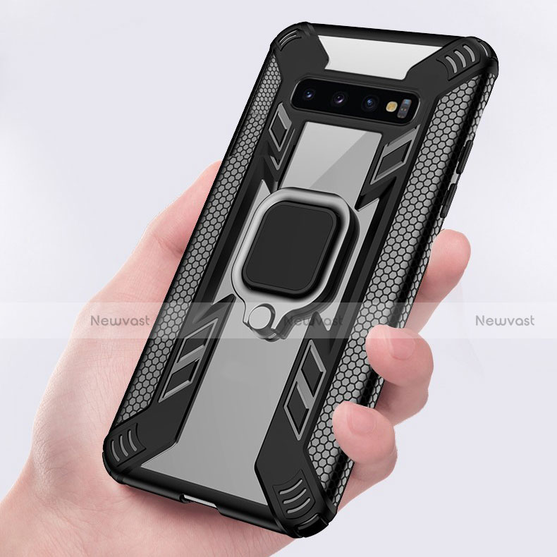 Silicone Matte Finish and Plastic Back Cover Case with Magnetic Finger Ring Stand R04 for Samsung Galaxy S10