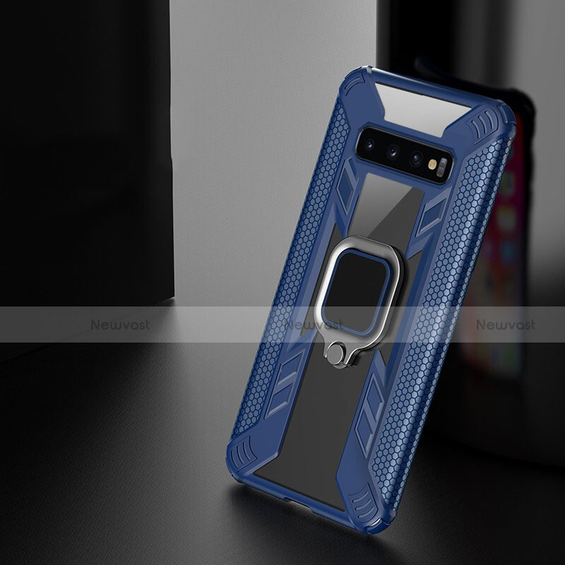 Silicone Matte Finish and Plastic Back Cover Case with Magnetic Finger Ring Stand R04 for Samsung Galaxy S10 Plus Blue