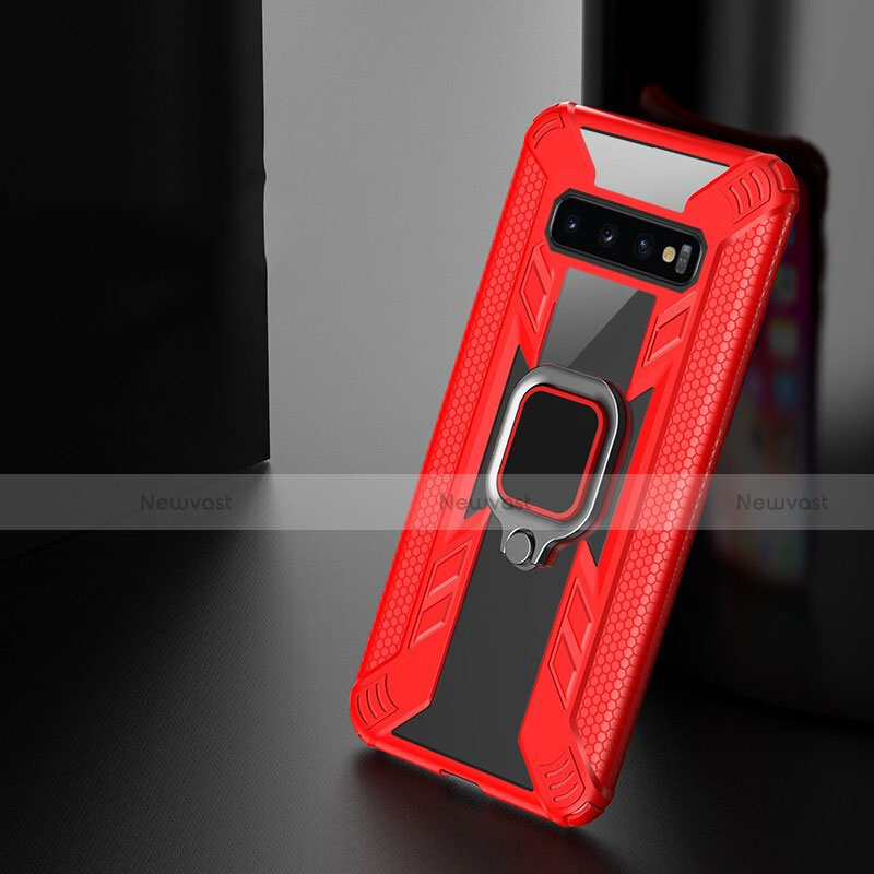 Silicone Matte Finish and Plastic Back Cover Case with Magnetic Finger Ring Stand R04 for Samsung Galaxy S10 Plus Red