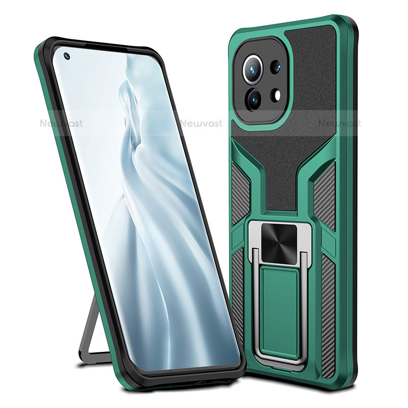 Silicone Matte Finish and Plastic Back Cover Case with Magnetic Finger Ring Stand R04 for Xiaomi Mi 11 Lite 5G NE Green