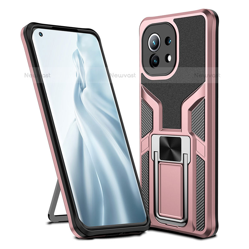 Silicone Matte Finish and Plastic Back Cover Case with Magnetic Finger Ring Stand R04 for Xiaomi Mi 11 Lite 5G NE Rose Gold