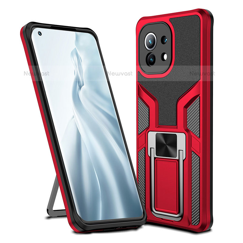 Silicone Matte Finish and Plastic Back Cover Case with Magnetic Finger Ring Stand R04 for Xiaomi Mi 11 Lite 5G Red