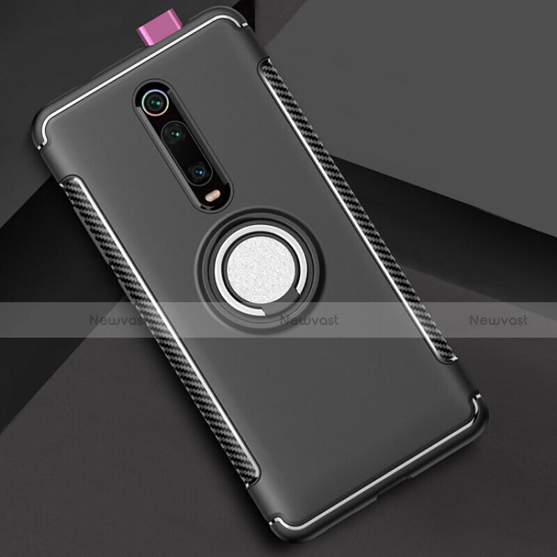 Silicone Matte Finish and Plastic Back Cover Case with Magnetic Finger Ring Stand R04 for Xiaomi Mi 9T Pro