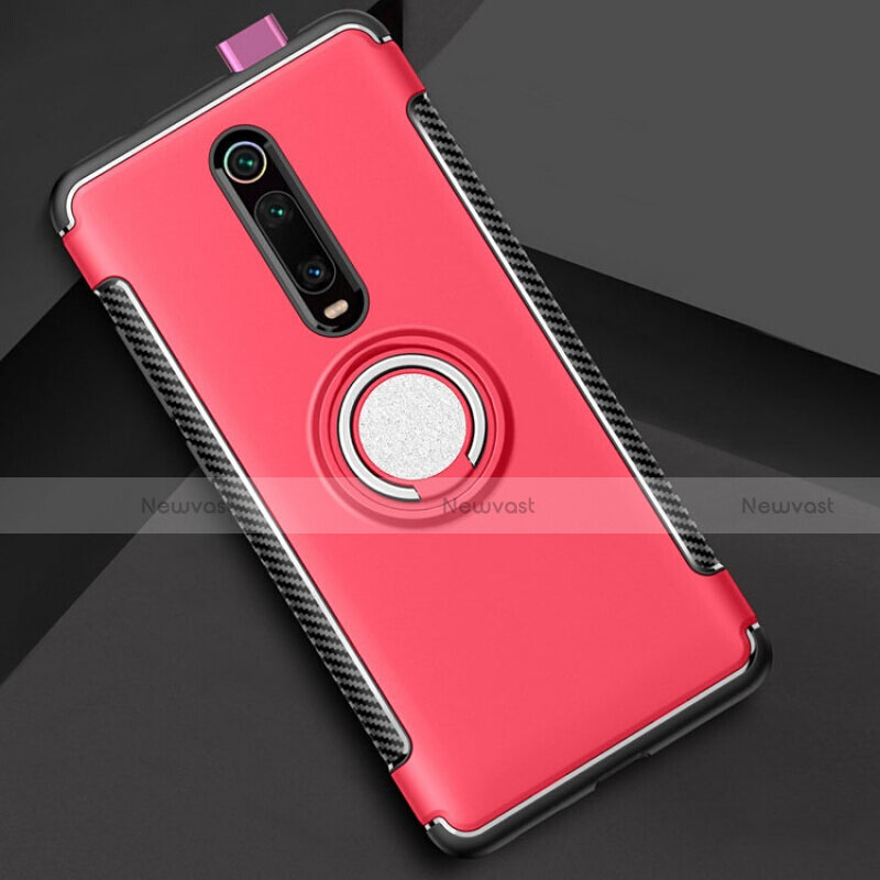 Silicone Matte Finish and Plastic Back Cover Case with Magnetic Finger Ring Stand R04 for Xiaomi Mi 9T Pro