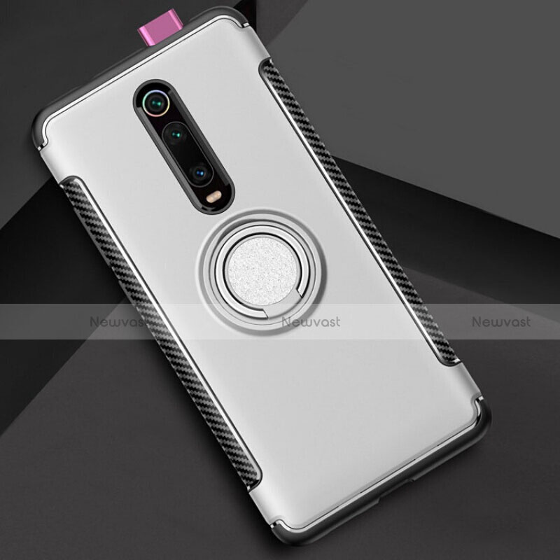 Silicone Matte Finish and Plastic Back Cover Case with Magnetic Finger Ring Stand R04 for Xiaomi Mi 9T Silver