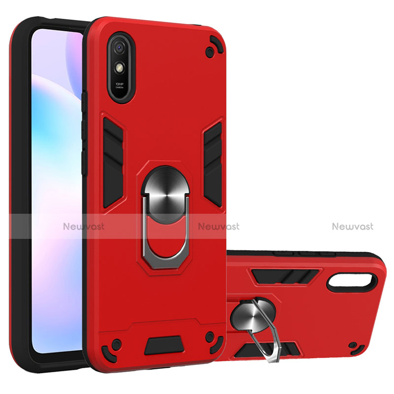 Silicone Matte Finish and Plastic Back Cover Case with Magnetic Finger Ring Stand R04 for Xiaomi Redmi 9A