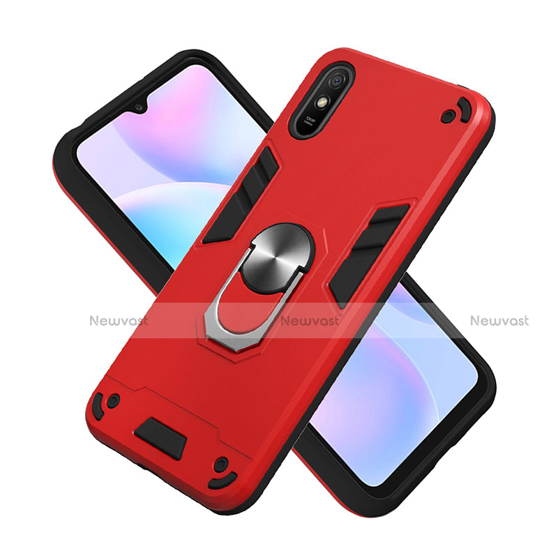 Silicone Matte Finish and Plastic Back Cover Case with Magnetic Finger Ring Stand R04 for Xiaomi Redmi 9A