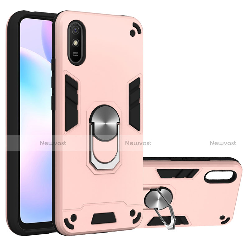 Silicone Matte Finish and Plastic Back Cover Case with Magnetic Finger Ring Stand R04 for Xiaomi Redmi 9A