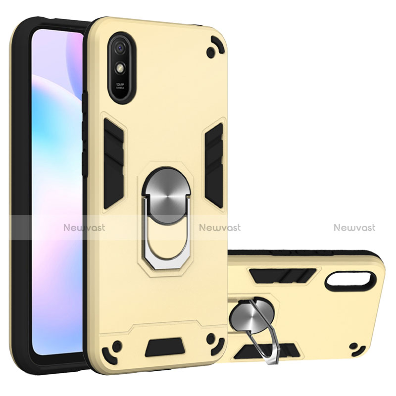 Silicone Matte Finish and Plastic Back Cover Case with Magnetic Finger Ring Stand R04 for Xiaomi Redmi 9A