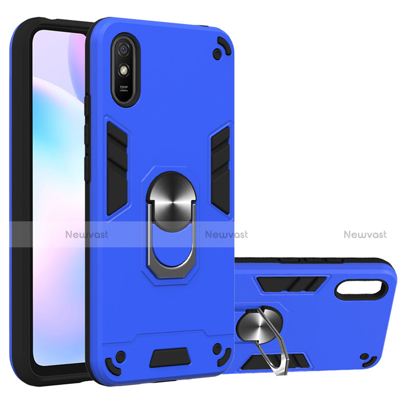 Silicone Matte Finish and Plastic Back Cover Case with Magnetic Finger Ring Stand R04 for Xiaomi Redmi 9A