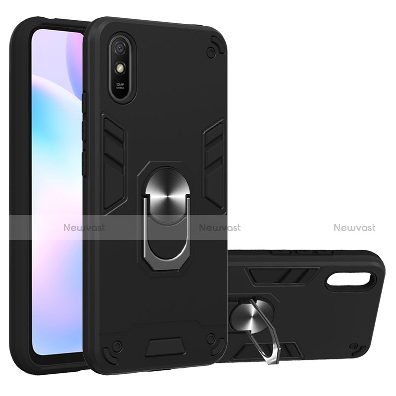 Silicone Matte Finish and Plastic Back Cover Case with Magnetic Finger Ring Stand R04 for Xiaomi Redmi 9A